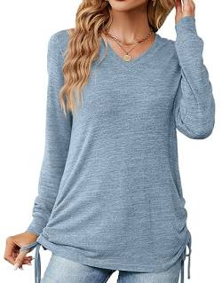 Genfien Langarmshirts für Damen Tunika Damen Langarm V Ausschnitt Oberteil Shirts Basic Casual Longshirt Lose Shirts Basic Hemd Tee Tops von Genfien