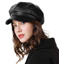 Genfien Schirmmütze Barett Mütze Damen Bakerboy Mütze Beret Cap PU Leder Winter Warm Soft Mode lässig Schirmmützen für Damen Outdoor von Genfien