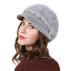 Genfien Schirmmütze für Damen, dick, mit Fleece gefüttert, Wintermütze, Strickmütze, Vintage-Stil, gehäkelt, Schirm, schick, leicht, Winter, grau, Einheitsgröße von Genfien