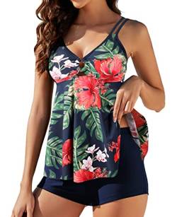 Genfien Tankini Damen Bauchweg Bademode Set Zweiteilig Push up Bademoden Bauchweg Tankini Set mit Tankini Top Beachwear Hotpants Badeanzug mit Zwei Trägern von Genfien