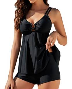 Genfien Tankini Damen Bauchweg Bademode Set Zweiteilig Push up Bademoden Bauchweg Tankini Set mit Tankini Top Beachwear Hotpants Badeanzug mit Zwei Trägern von Genfien