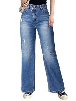 Genleck Frauen Crossover Wide Leg Jeans - Stretch Baggy Jeans High Waist Trendy Boyfriend Jeans Crisscross Y2K 90er Jahre Pants, 02-Blau-B, 40 von Genleck