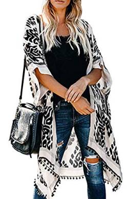 Damen Kimono Cardigan Strand Sommer, Loose Lange Boho Bikini Cover Up, Oversized Mode Leichte Frauen Beachwear Bedecken, Strandkleider, Weiß Schwarz Printed von Genovega