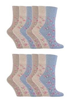 12 Parr Damen Gentle Grips Keine Elastische Socken, 37-42 eur blumen- Socken (Blau & Beige) von Gentle Grip