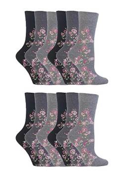 12 Parr Damen Gentle Grips Keine Elastische Socken, 37-42 eur blumen- Socken (Grau & Schwarz) von Gentle Grip