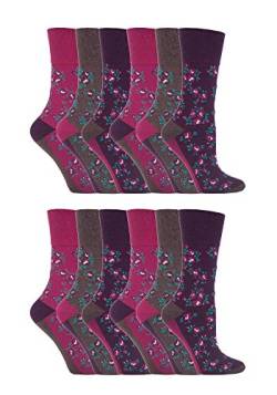 12 Parr Damen Gentle Grips Keine Elastische Socken, 37-42 eur blumen- Socken (Lila & Grau) von Gentle Grip