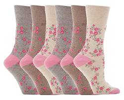 6 Parr Damen Gentle Grips Keine Elastische Socken, 37-42 eur blumen- Socken (Braun & Beige) von Gentle Grip