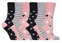 Gentle Grip - 6er Pack Damen Baumwolle Reine Bunt Muster Ohne Gummi Socken mit Design (37-42 EU, GG169 Dogs/Cats) von Gentle Grip