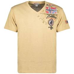 Geographical Norway JOTHAM Herren T-Shirt Baumwolle T-Shirt Classic T-Shirt mit Logo – Kurzarm – V-Ausschnitt Regular Fit Herren Basic (Beige, L) von Geographical Norway