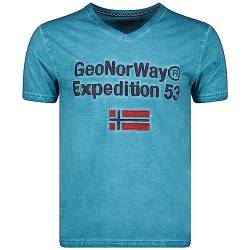 Geographical Norway Jimdo Men - Herren T-Shirt Baumwolle - T Shirts Klassischer Sommer - Körperbekleidung Kurzer Ärmel V-Ausschnitt Regulärer Schnitt (Blau L) von Geographical Norway