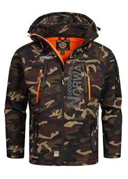 Geographical Norway Techno Men Softshell Jacke Herren Wasserdicht Jacke mit Kapuze Outdoor Windjacke Taktische Jacke Winter ideal für Aktivitäten im Freien (Camo khaki/orange S) von Geographical Norway