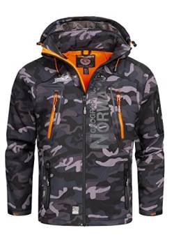 Geographical Norway Techno Men Softshell Jacke Herren Wasserdicht Jacke mit Kapuze Outdoor Windjacke Taktische Jacke Winter ideal für Aktivitäten im Freien (Camo schwarz/orange L) von Geographical Norway