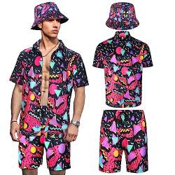 Herren 2 Stück 80er 90er Jahre Outfit Retro Hemden und Shorts Set mit Hut Hawaii Strand Trainingsanzüge für Männer Disco Party, frisch, XX-Large von Geosar