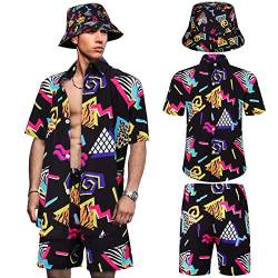 Herren 2 Stück 80er 90er Outfit Retro Hemden und Shorts Set mit Fischerhüten Hawaiian Strand Trainingsanzüge für Männer Disco Party, Stilvoll, X-Large von Geosar