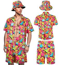 Herren 2 Stück 80er 90er Outfit Retro Hemden und Shorts Set mit Hut Hawaiian Strand Trainingsanzüge für Männer Disco Party, Chic, Large von Geosar