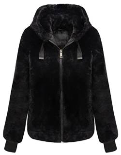 Geschallino Damen Fleecemantel aus Kunstpelz Warme Flauschige zottelige Shearling Kurzjacke mit Kapuze 1712014 Schwarz L von Geschallino