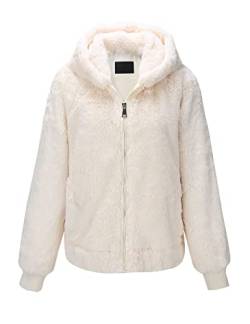 Geschallino Damen Fleecemantel aus Kunstpelz Warme Flauschige zottelige Shearling Kurzjacke mit Kapuze 1712014 Weiß XL von Geschallino