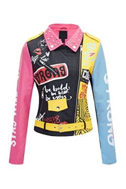 Geschallino Damen-Jacke aus Kunstleder in Übergröße Graffiti-Nietennieten Punk Blumen Moto Biker Mantel 0375Plus Rosa 1X von Geschallino