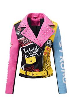 Geschallino Damen-Jacke aus Kunstleder in Übergröße Graffiti-Nietennieten Punk Blumen Moto Biker Mantel 0375Plus Rosa 3X von Geschallino