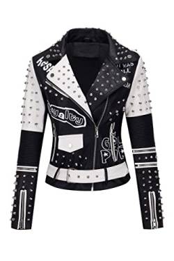 Geschallino Damen-Jacke aus Kunstleder in Übergröße Graffiti-Nietennieten Punk Blumen Moto Biker Mantel 0376Plus Schwarz 4X von Geschallino