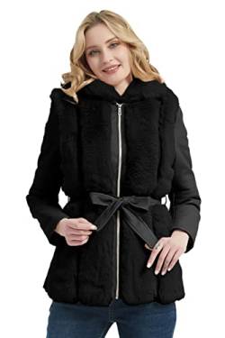 Geschallino Damen-Kurzjacke aus Kunstlederfell mit Gürtel Warmer Lässiger Motorradmantel Sherpa Fleece Oberbekleidung 515 Schwarz XL von Geschallino