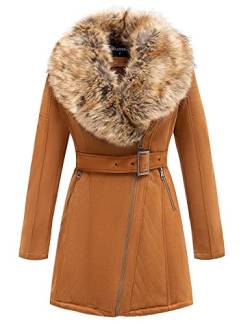 Geschallino Damen Lang Jacke aus Wildlederimitat Warmer Fleece Gefütterter Parka mit Abnehmbarem Pelzkragen FF206 Braun XXL von Geschallino