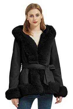 Geschallino Damen-Mantel aus Wildlederimitat Trendige Winterjacke mit Kapuze Warmer Fleece Gefütterter Mantel mit Gürtel 216 Schwarz M von Geschallino