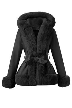 Geschallino Damen-Mantel aus Wildlederimitat Trendige Winterjacke mit Kapuze Warmer Fleece Gefütterter Mantel mit Gürtel 216 Schwarz S von Geschallino