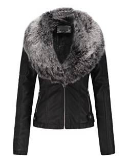 Geschallino Kurze Motorradjacke aus Kunstleder für Damen Sherpa Gefütterter Mantel mit Abnehmbarem Pelzkragen 9201 Schwarzgrau XL von Geschallino