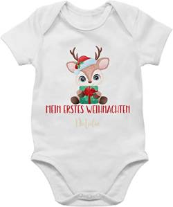 Baby Body Junge Mädchen - Weihnachten Geschenke - Süßes Rentier mit Geschenk und Name - 1/3 Monate - Weiß - weinachts my first christmas outfit weihnachtsoutfit personalisiertes weihnachts von Geschenk mit Namen personalisiert by Shirtracer