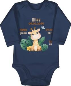 Baby Body langarm Mädchen Junge - Zur Geburt - Geburtsgeschenk Giraffe Datum Gewicht Uhrzeit Größe - 3/6 Monate - Navy Blau - personalisierte bodys neugeborene geschenke strampler babykleidung von Geschenk mit Namen personalisiert by Shirtracer