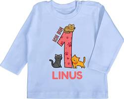 Baby Langarmshirt - 1. Geburtstag - Ich Bin 1 - Name und lustige Katzen Bilder zum Ersten - 12/18 Monate - Babyblau - Tshirt Outfit Geschenke für 1jahrige Shirts Jahr alt Junge einjährigen ehretag von Geschenk mit Namen personalisiert by Shirtracer