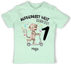 Baby T-Shirt Mädchen Jungen - 1. Geburtstag - Aufgepasst Welt - Ich Bin jetzt 1 - AFFE mit Name zum Ersten - 12/18 Monate - Mintgrün - one Year Birthday Shirt geburtstagstshirt von Geschenk mit Namen personalisiert by Shirtracer