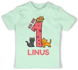 Baby T-Shirt Mädchen Jungen - 1. Geburtstag - Ich Bin 1 - Name und lustige Katzen Bilder zum Ersten - 12/18 Monate - Mintgrün - Tshirt für einjährigen t Jahr one Years Old Shirt Outfit erster von Geschenk mit Namen personalisiert by Shirtracer