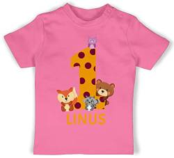 Baby T-Shirt Mädchen Jungen - 1. Geburtstag - Waldtiere - 1 Jahr - 12/18 Monate - Pink - Outfit Shirt für einjährigen Tshirt t Klamotten one Years Old Junge Babygeschenk geburtstagstshirt Name von Geschenk mit Namen personalisiert by Shirtracer