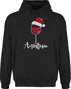 Hoodie Herren Pullover Männer - Weihnachten Geschenke Christmas - Weinglas mit Weihnachtsmütze in Glitzeroptik und Name - L - Schwarz - weihnachtsmotive weihnacht weihnachtsmotiv von Geschenk mit Namen personalisiert by Shirtracer