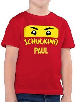 Kinder T-Shirt Jungen - Einschulung Schulanfang Junge - Schulkind Ninja - gelber Schriftzug - 128 (7/8 Jahre) - Rot - einschulungsgeschenk erstklaessler Shirt Tshirt t 1. Schultag t-Shirts Name von Geschenk mit Namen personalisiert by Shirtracer