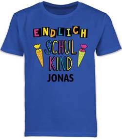 Kinder T-Shirt Jungen Schulanfang - Einschulung Junge - Endlich Schulkind - 128 (7/8 Jahre) - Royalblau - einschulungs Outfit First Day of School Kindergarten Schule Tshirt Jungs Shirt 1.klasse von Geschenk mit Namen personalisiert by Shirtracer