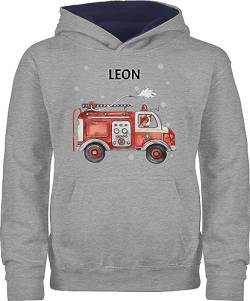 Pullover Kinder Hoodie Jungen Mädchen - Feuerwehr Auto Feuerwehrauto 112 Fire Truck Löschfahrzeug - 104 (3/4 Jahre) - Grau meliert/Navy Blau - Geschenke und personalisiertes Name personalisierte von Geschenk mit Namen personalisiert by Shirtracer