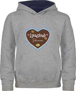 Pullover Kinder Hoodie Jungen Mädchen - Kompatibel Oktoberfest - Lausbub - Lebkuchenherz und Dein Name - 116 (5/6 Jahre) - Grau meliert/Navy Blau - lausbua kind volksfest lebkuchenherzen von Geschenk mit Namen personalisiert by Shirtracer