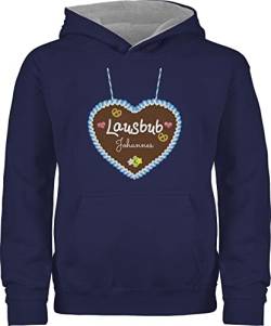 Pullover Kinder Hoodie Jungen Mädchen - Kompatibel Oktoberfest - Lausbub - Lebkuchenherz und Dein Name - 152 (12/13 Jahre) - Navy Blau/Grau meliert - lebkuchenherzen kind trachten- lausbua bayrisch von Geschenk mit Namen personalisiert by Shirtracer