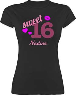 Shirt Damen - 16. Geburtstag - Sweet Sixteen - Kussmund Herz Name - zum Sechzehnten - M - Schwarz - Birthday t-Shirt 16 t mädchen Jahre Frauen Tshirt Shirts t-Shirts tischert Tshirts Girl Sommer von Geschenk mit Namen personalisiert by Shirtracer