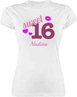 Shirt Damen - 16. Geburtstag - Sweet Sixteen - Kussmund Herz Name - zum Sechzehnten - M - Weiß - Birthday t-Shirt 16 t mädchen Jahre Girl Tshirt tischert Sommer Tshirts t-Shirts Shirts Frauen von Geschenk mit Namen personalisiert by Shirtracer