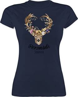 Shirt Damen - Kompatibel Oktoberfest - Herzmädl Hirsch Geweih Hirschgeweih MADL - XL - Navy Blau - bayrisches t Funshirts für Frauen Trachten Tshirt Shirts t-Shirts Kurzarm Oberteil Tshirts Frau von Geschenk mit Namen personalisiert by Shirtracer