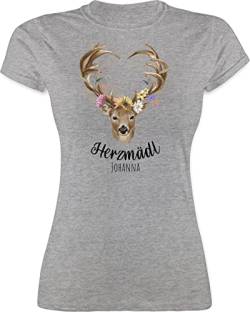 Shirt Damen - Kompatibel Oktoberfest - Herzmädl Hirsch Geweih Hirschgeweih MADL - XXL - Grau meliert - bayrisches Outfit Trachten t Shirts Frauen Trachten-t-Shirt tailliertes t-Shirts von Geschenk mit Namen personalisiert by Shirtracer