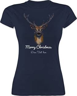 Shirt Damen - Weihnachten Geschenke Christmas - Pixel Hirsch mit Wunschtext - XXL - Navy Blau - personalisiertes Weihnachts Tshirt Name Frohe 2023 personalisierte weihnachtsmotiv und weihnachtsshirt von Geschenk mit Namen personalisiert by Shirtracer