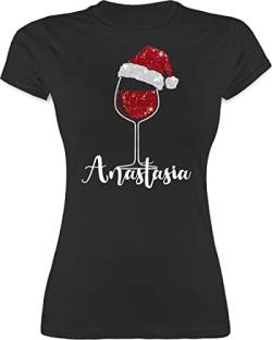 Shirt Damen - Weihnachten Geschenke Christmas - Weinglas mit Weihnachtsmütze in Glitzeroptik und Name - L - Schwarz - personalisiertes Weihnachts t Tshirt weihnachtliche Frauen weihnachtsshirt von Geschenk mit Namen personalisiert by Shirtracer