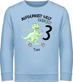 Sweater Kinder Sweatshirt Jungen Mädchen Pullover - 3. Geburtstag - Aufgepasst Welt - Ich bin jetzt 3 - Dino Dinosaurier Saurier - 116 (5/6 Jahre) - Hellblau - jahre geschenke für dreijährige von Geschenk mit Namen personalisiert by Shirtracer