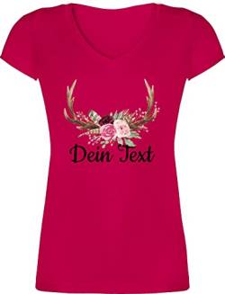 T-Shirt Damen V Ausschnitt - Kompatibel Oktoberfest - Geweih mit Text - L - Fuchsia - Tshirt Shirt bayrisch bayrisches Tshirts trachtenshirt v-Ausschnitt Neck Shirts t Oktoberfest-Outfits Trachten- von Geschenk mit Namen personalisiert by Shirtracer