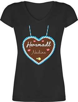 T-Shirt Damen V Ausschnitt - Kompatibel Oktoberfest - Herzmadl Lebkuchenherz - L - Schwarz - Shirt v-Ausschnitt Shirts t-Shirts Tshirt Kurzarm t Oberteil Oberteile Frauen Neck Tshirts Trachten von Geschenk mit Namen personalisiert by Shirtracer